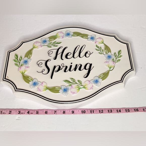 Hello Spring Enamel Metal Wall Sign Easter Decor Pink and Blue Flowers - Picture 7 of 12
